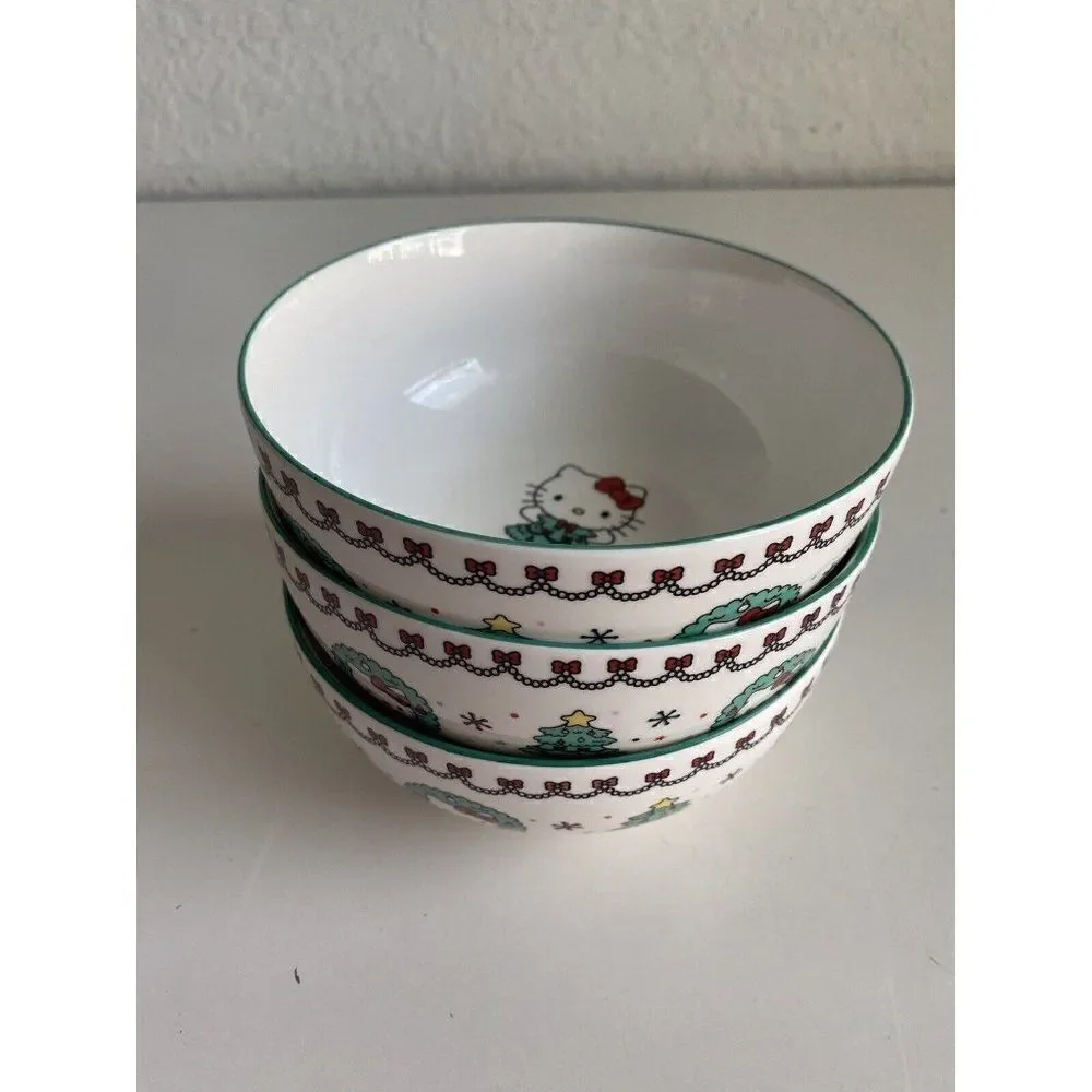 Set Of 3‎ Sanrio Hello Kitty Ceramic 27 Oz Bowl Christmas Tree Dress Snowflake